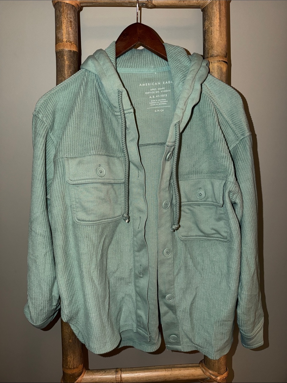 American Eagle Light Sage Green Corduroy Hooded Jacket